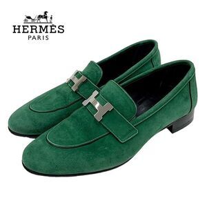 Hermes Paris Loafers Moccasins Flat Shoes Hhardware Suede Green